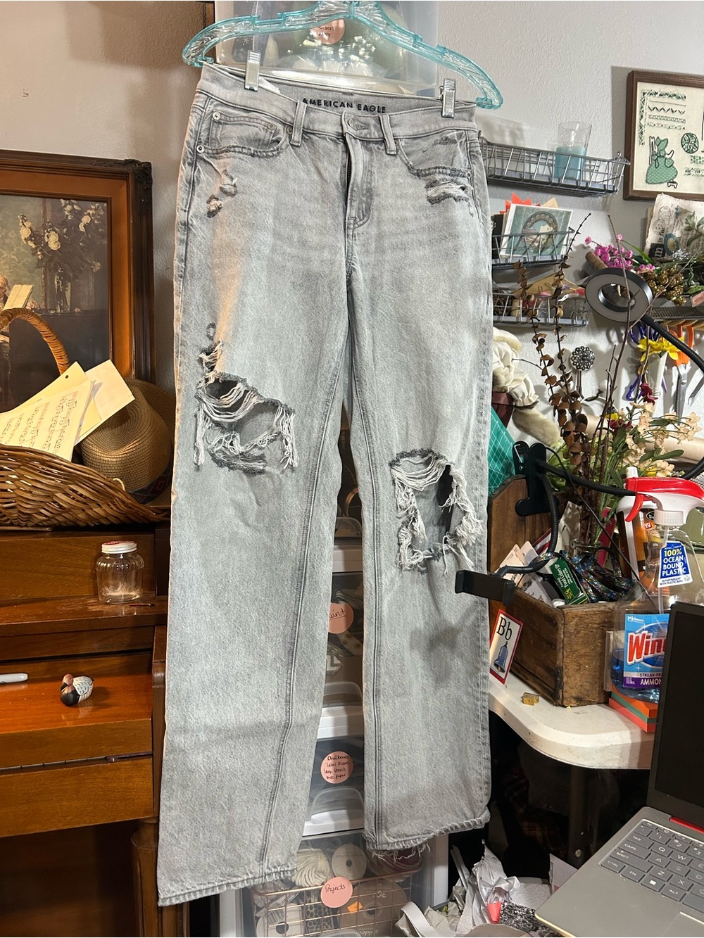 American Eagle Outfitters Light Gray Distressed Straight Leg Jeans